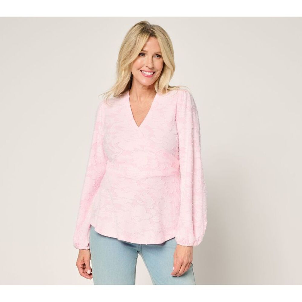 Studio Park Women's Top Sz XL x Terri Conn Faux Wrap Textured Knit Pink A691457
